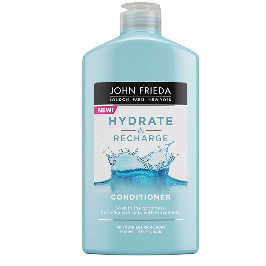Hellblaue Flasche John Frieda Hydrate & Recharge Conditioner. Etikett mit Wasser-Grafik. Aufschrift: Conditioner.