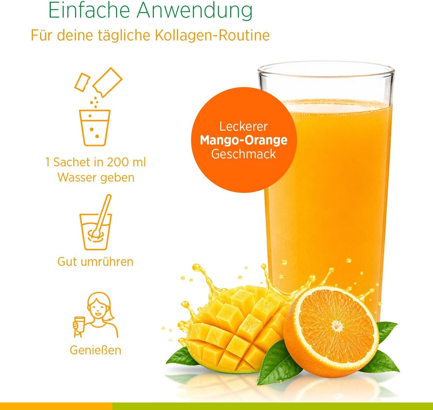 Anleitung: 1 Beutel in 200 ml Wasser geben, umrühren, genießen. Mango und Orange neben Glas Saft.