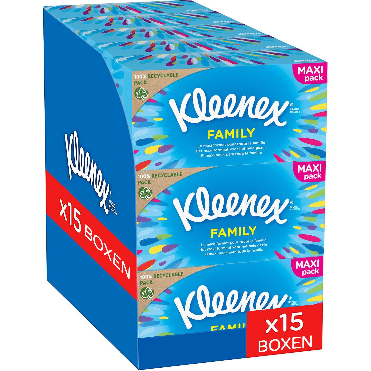 Blau-weiße Boxen mit Kleenex-Logo und Schriftzug 'Family'. 'Maxi Pack' und 'x15 Boxen' sind sichtbar. 100% recycelbar.