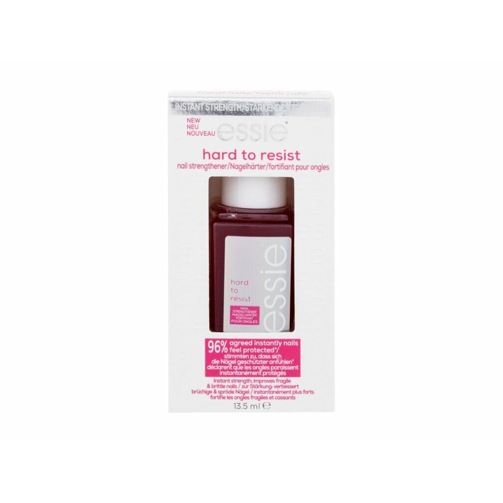 Verpackung mit Nagelhärter-Flasche. Aufschrift "essie hard to resist nail strenghtener". Text: "96% agreed instantly nails feel protected".