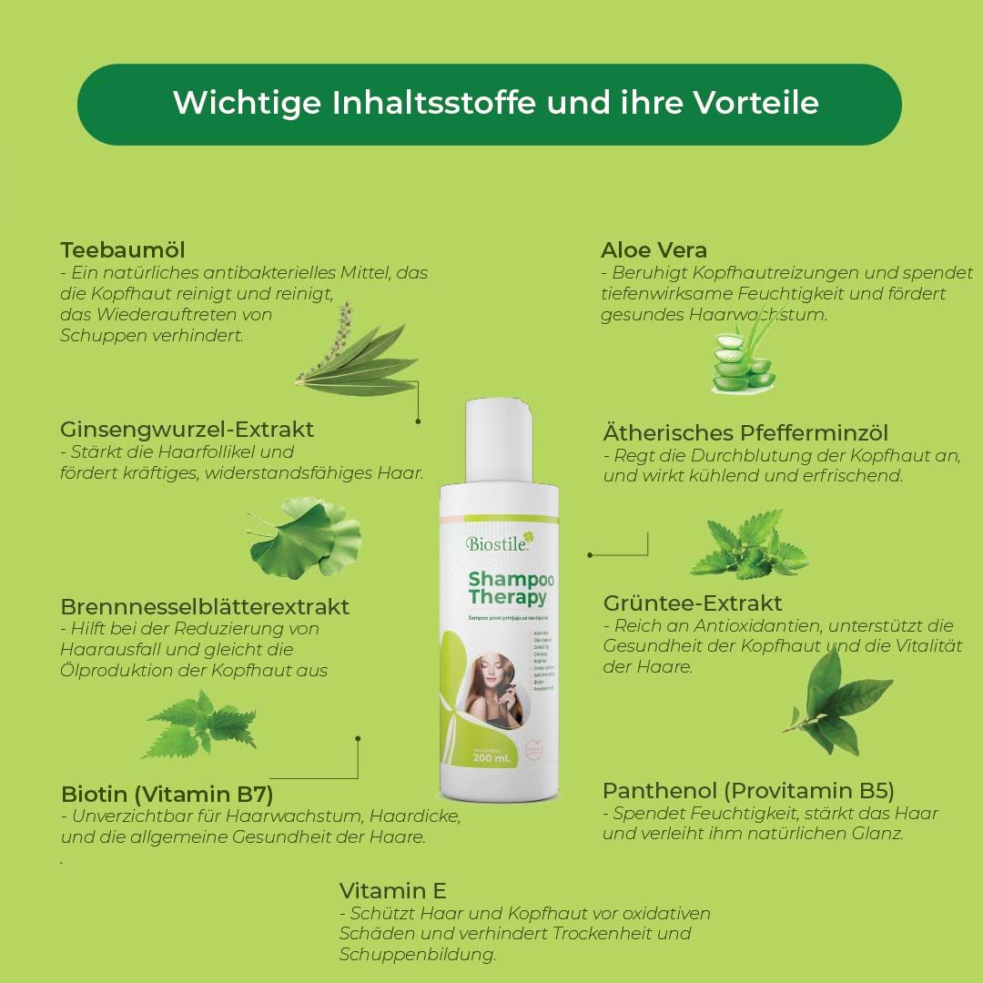 Biostile Shampoo-Therapie Flasche. Weiß, grünes Etikett. Inhaltsstoffe: Teebaumöl, Aloe Vera, etc.