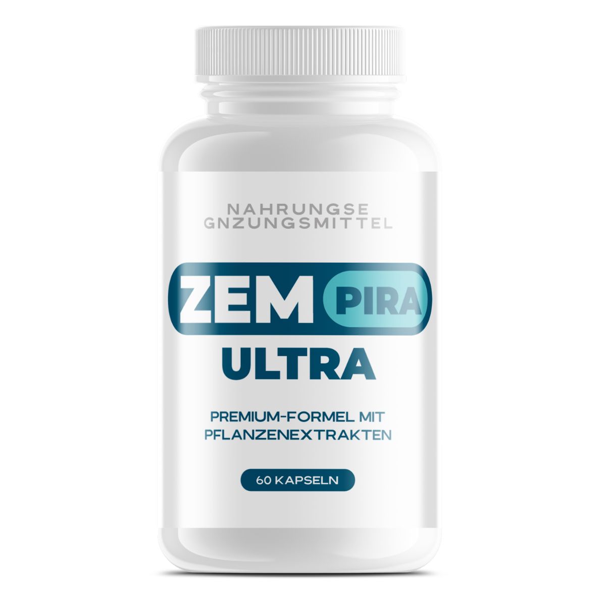 Weiße Flasche Zempira Ultra Nahrungsergänzungsmittel, 60 Kapseln, Premium-Formel mit Pflanzenextrakten.
