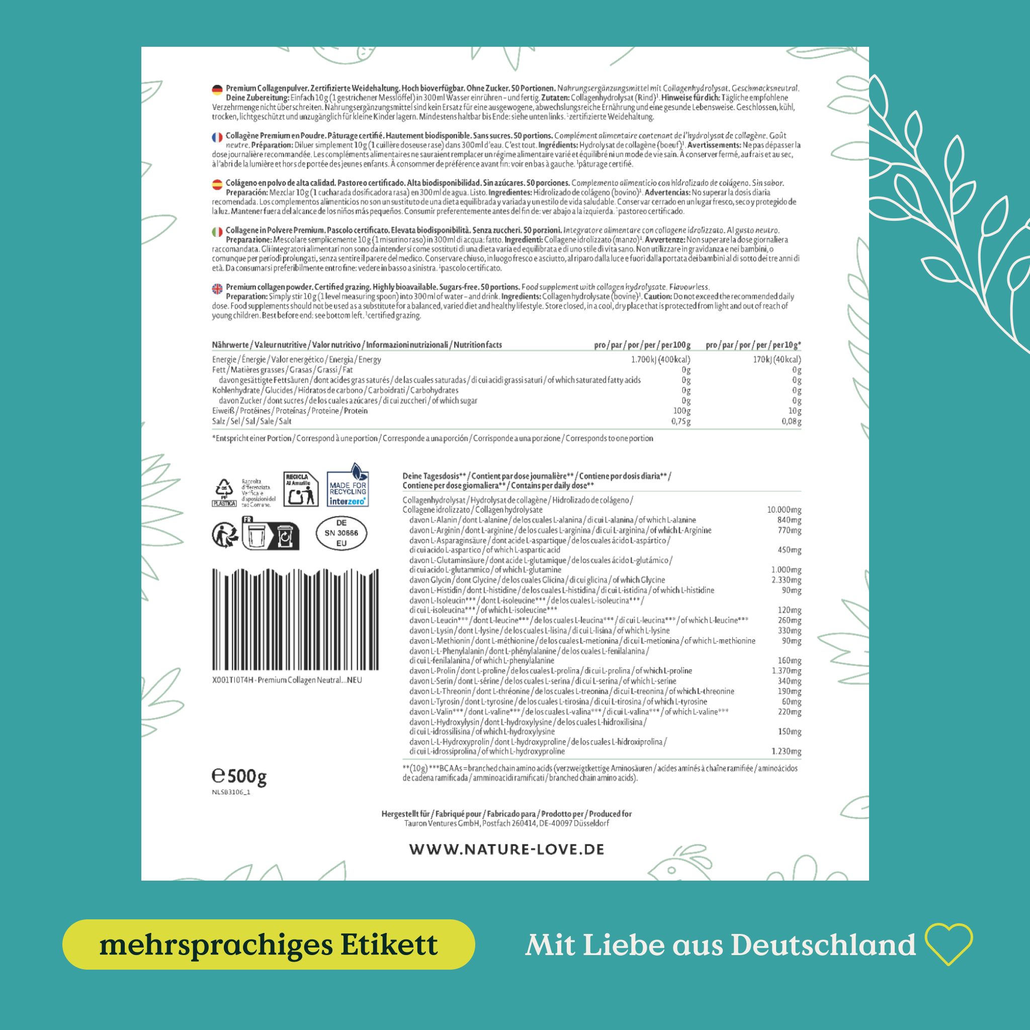 Rückseite der NATURE LOVE® Collagenpulver-Verpackung. Mehrsprachiges Etikett mit Nährwertangaben und Inhaltsstoffen. E500g.