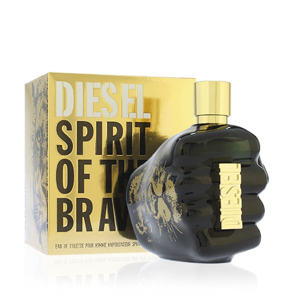 Goldene Schachtel und schwarzer Flakon. Auf der Schachtel: DIESEL Spirit of The Brave. Flakon in Faustform.