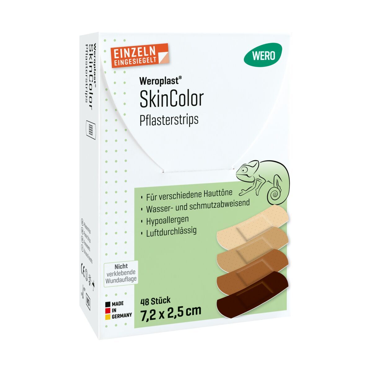 WERO Weroplast SkinColor Pflasterstrips Mix Packung mit 48 Stück, 7,2 x 2,5 cm, in verschiedenen Hauttönen.
