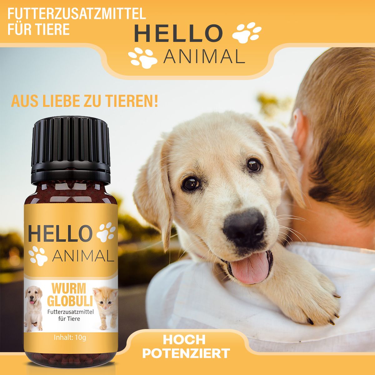 Produktflasche mit einem Hund auf dem Arm. Text: "HELLO ANIMAL", "WURM GLOBULI".