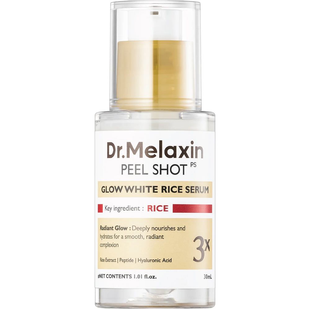 Serumflasche mit goldfarbenem Deckel. Aufschrift: Dr. Melaxin Peel Shot, Glow White Rice Serum. 3x-Markierung.
