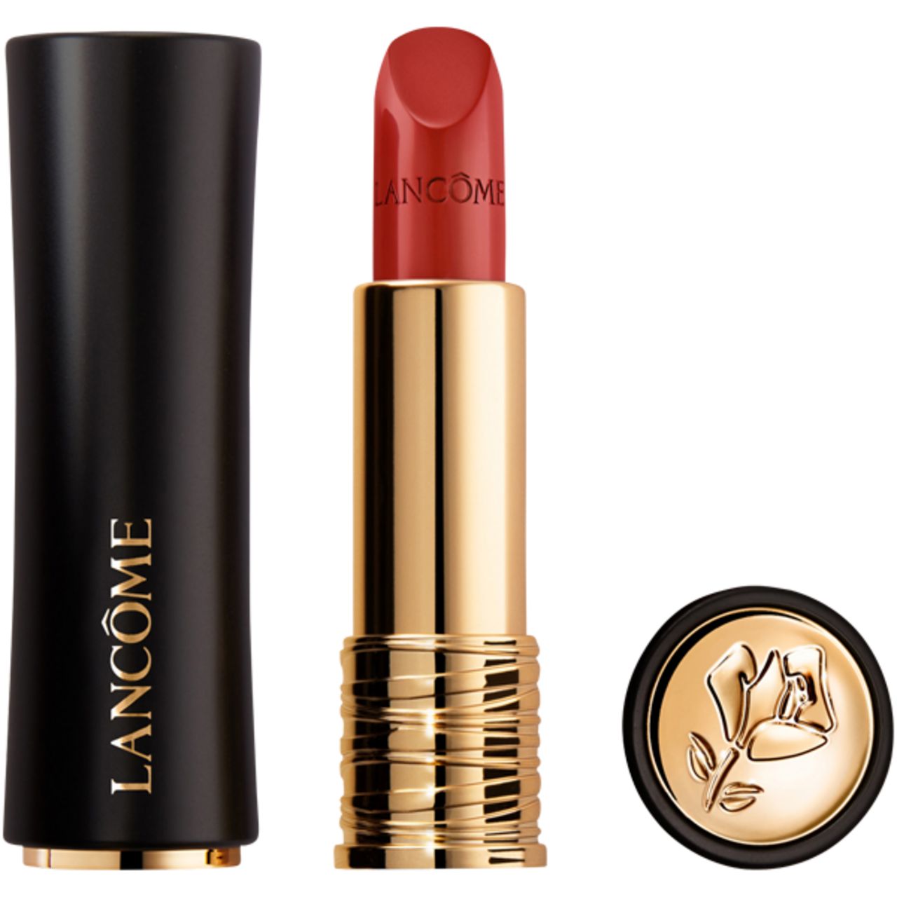 Lippenstift L'Absolu Rouge Cream von Lancôme. Goldfarbene Hülse, roter Lippenstift, schwarze Kappe. Marke sichtbar.