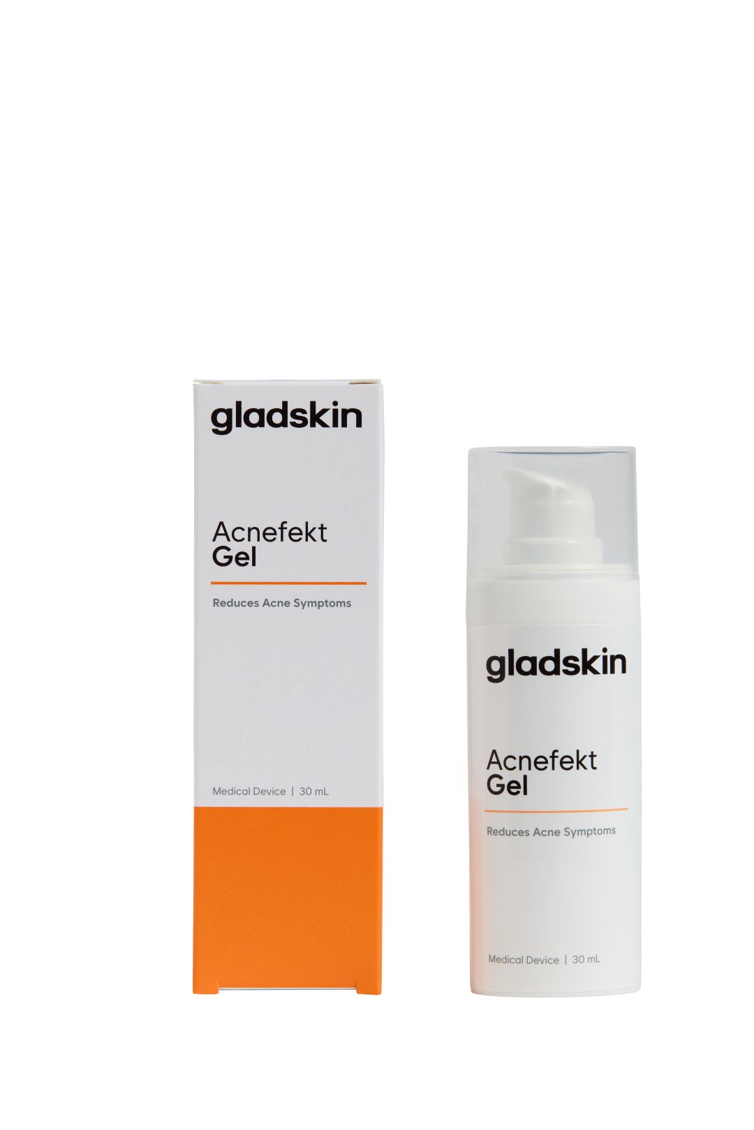 Weiße Schachtel und Flasche mit Pumpverschluss. Aufschrift: gladskin, Acnefekt Gel, Reduziert Akne Symptome. Medizinprodukt.