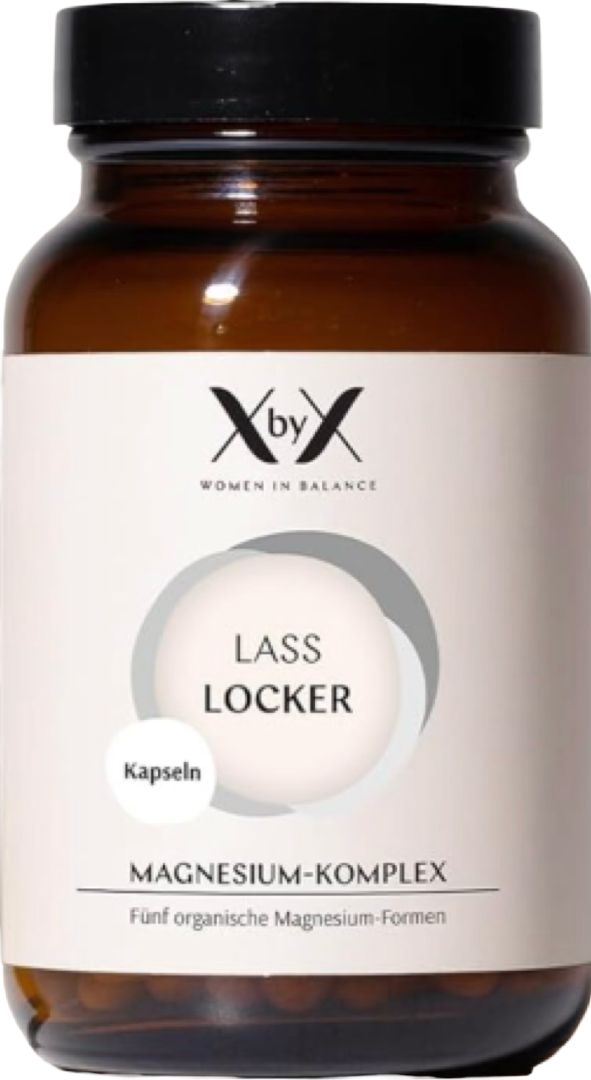 Braune Flasche mit schwarzem Deckel. Etikett mit Produktnamen und Kapseln. Magnesium-Komplex.