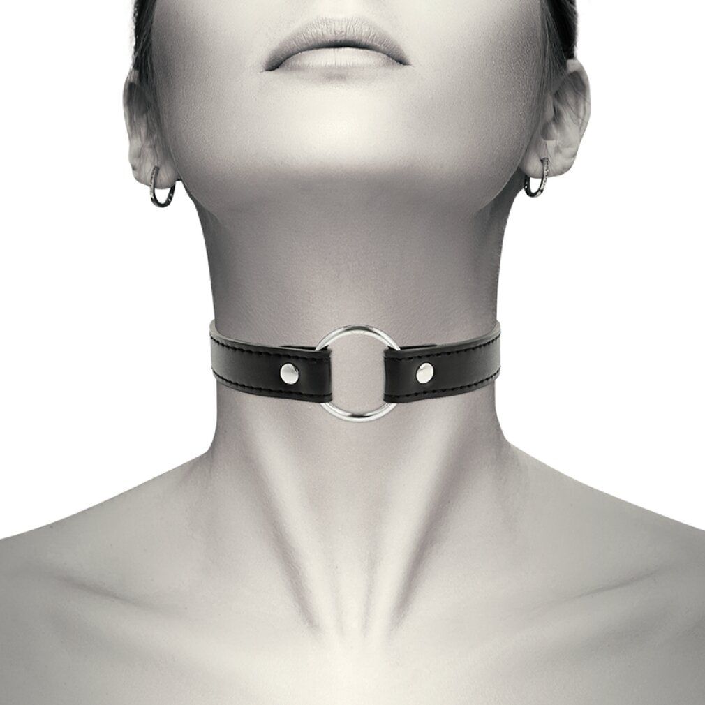 Schwarzer Choker mit silbernem Ring. Lederband mit silbernen Nieten. Am Hals einer Person getragen.