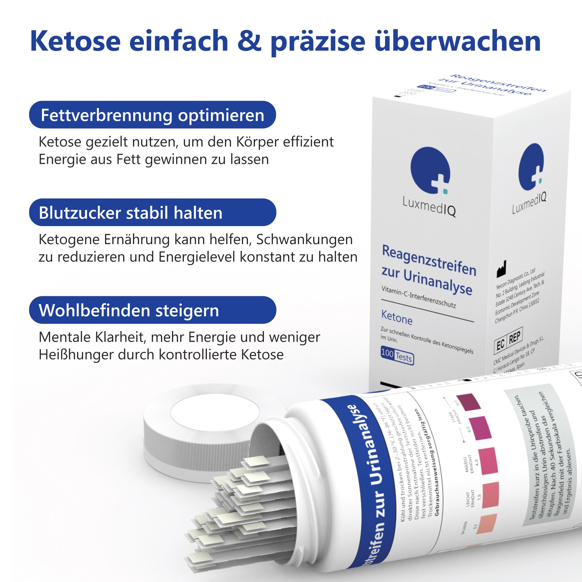 Teststreifen-Behälter und Packung. Aufschrift: Keton, Reagenzstreifen zur Urinanalyse. Vorteile: Fettverbrennung, Blutzucker, Wohlbefinden.