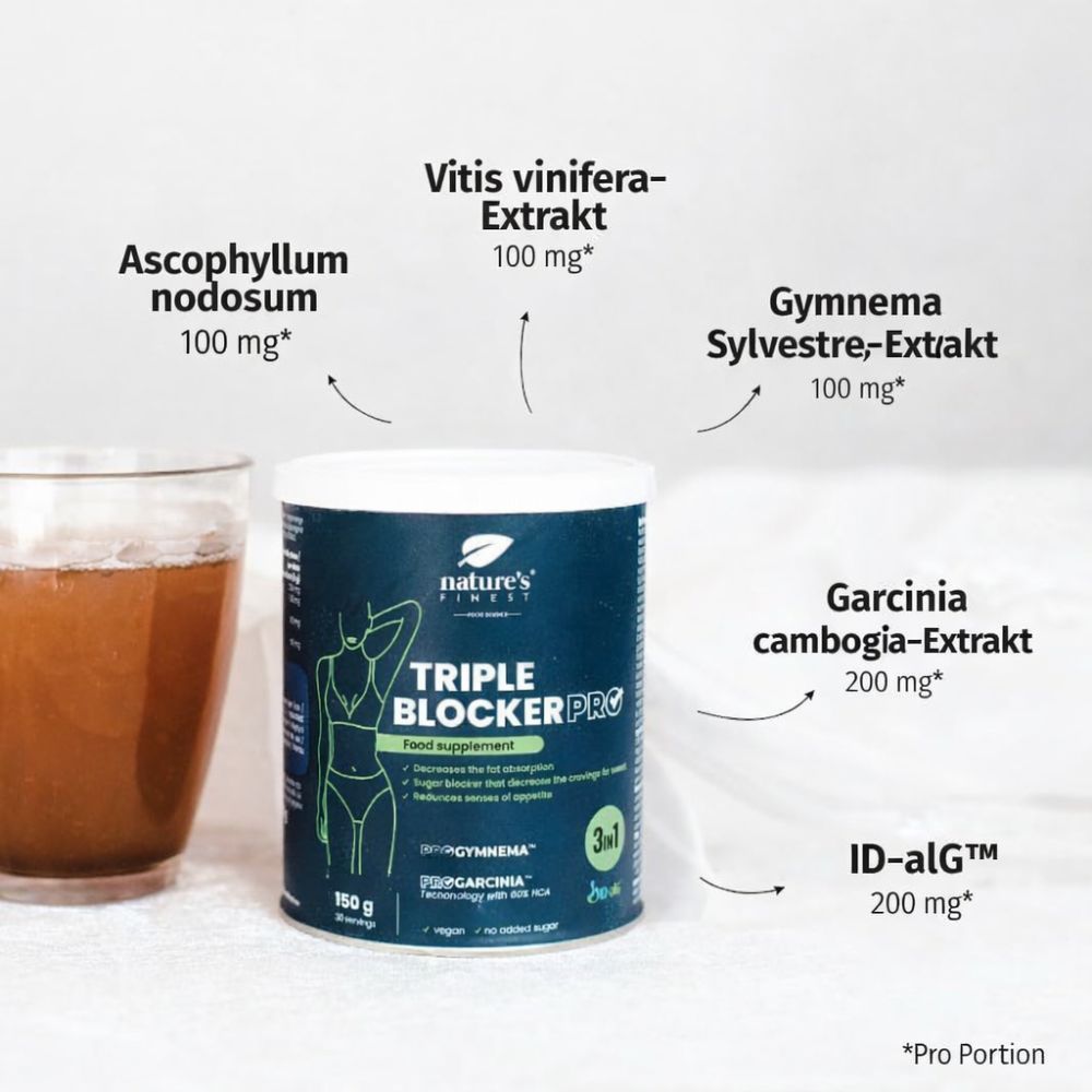 Dose Nature's Finest Triple Blocker Pro. Blaue Dose mit weißem Deckel. Inhaltsstoffe: Vitis vinifera, Gymnema Sylvestre, Garcinia cambogia.