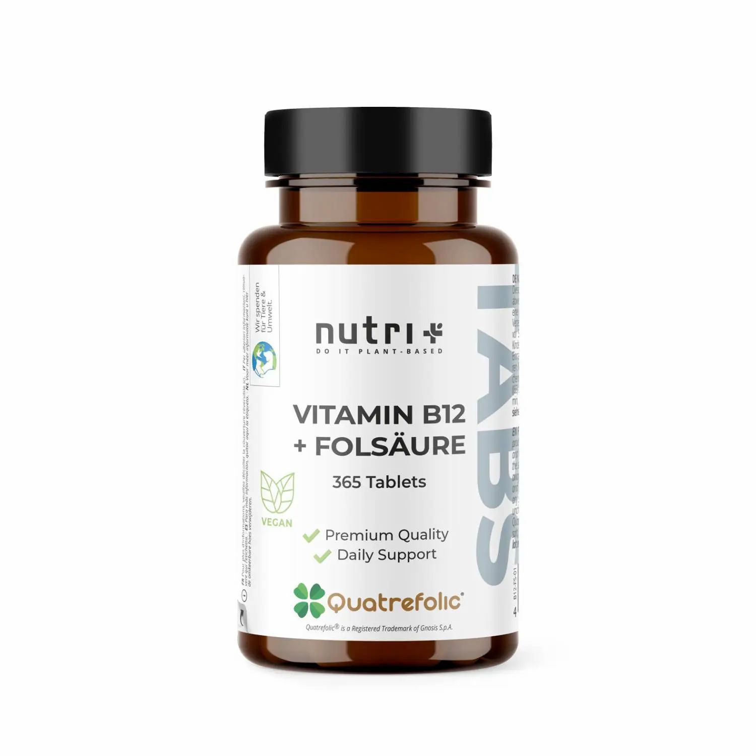 Braune Tablettenflasche mit schwarzem Deckel. Aufschrift: nutri+ Vitamin B12 + Folsäure, 365 Tabletten, vegan, Quatrefolic.