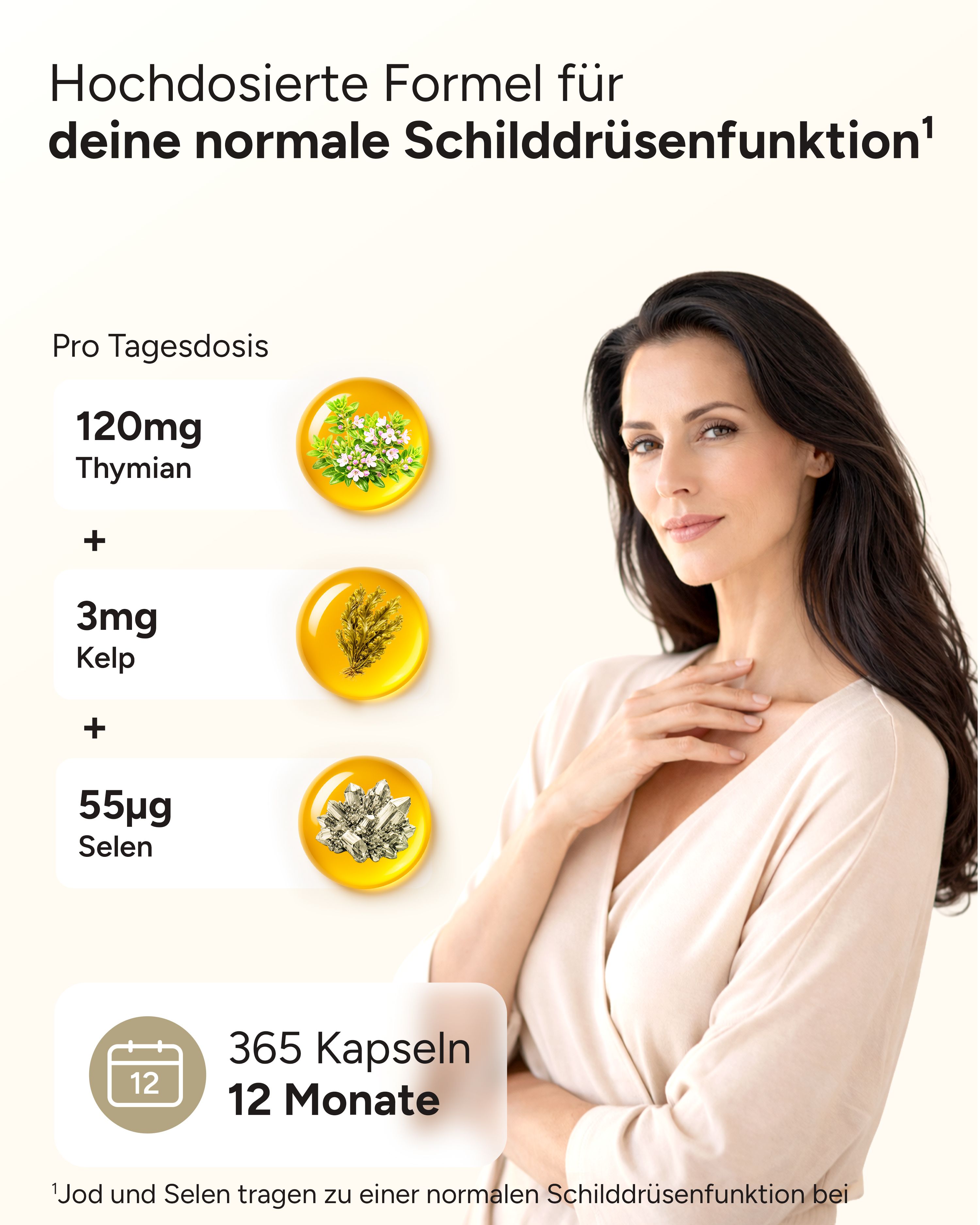 Frau mit Produktinformationen. 120mg Thymian, 3mg Kelp, 55µg Selen. 365 Kapseln für 12 Monate.