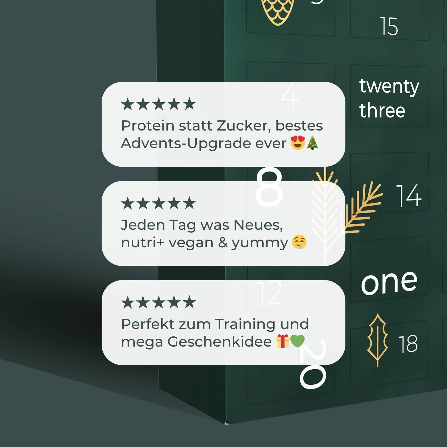 Adventskalender, dunkelgrün, mit Zahlen und goldenen Verzierungen. Das Logo Nutri+ ist sichtbar.