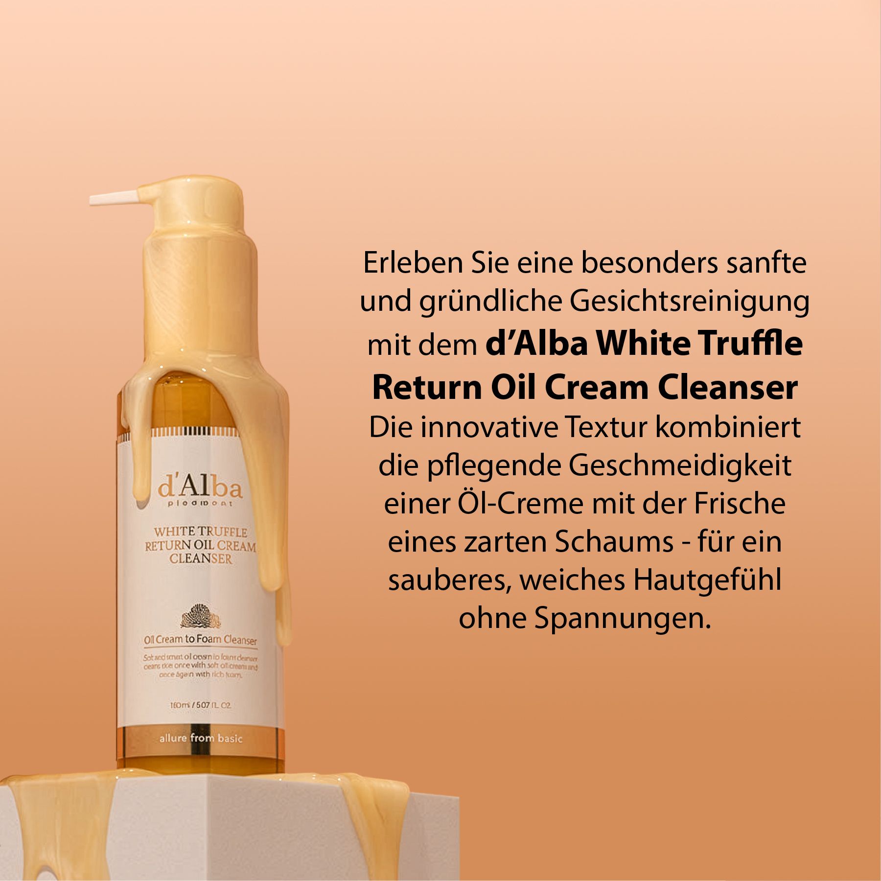 d'Alba White Trüffle Return Oil Cream Cleanser. Goldfarbene Flasche mit Spender. Text auf Etikett.