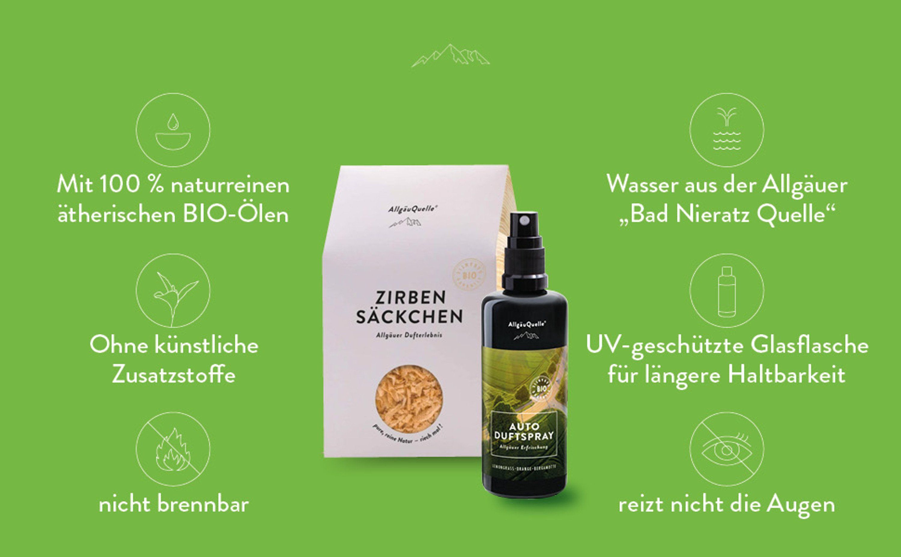 AllgäuQuelle Bio Autoduft-Set Lufterfrischer Lemongrass mit Zirben-Säckchen  als natürlichem Duftbaum 100 ml 