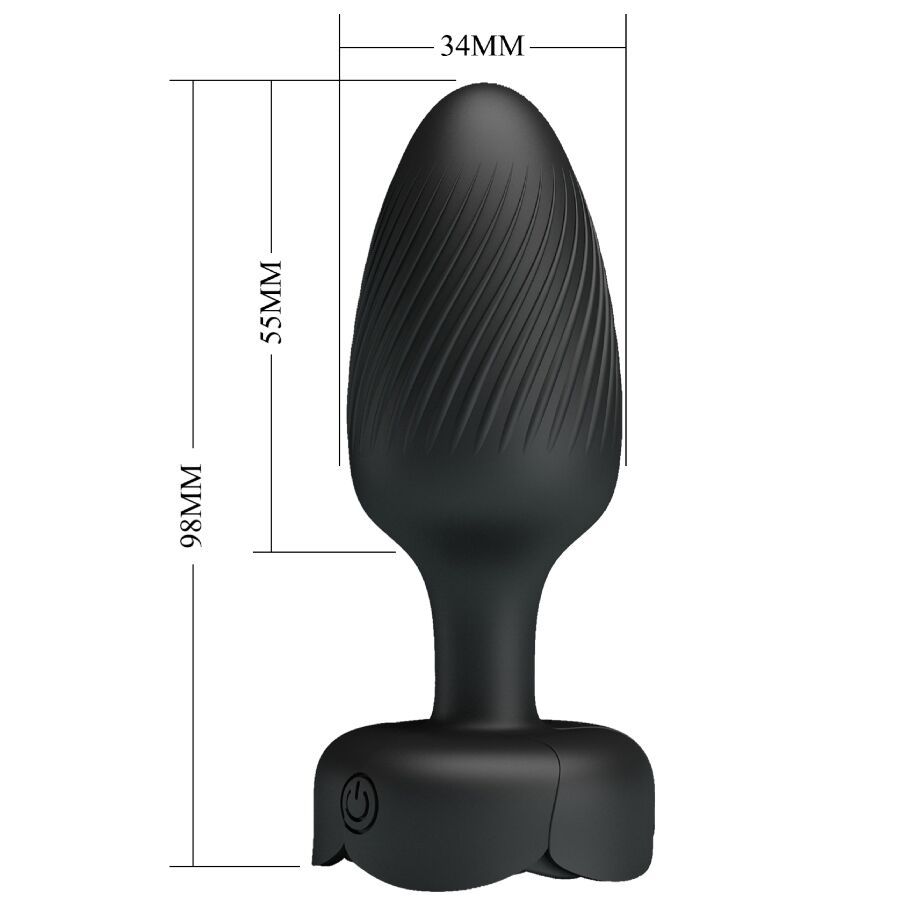 Schwarzer Analplug mit Maßangaben. Konische Form, gerillte Oberfläche. Maße: 98mm hoch, 55mm Schaft, 34mm breit.