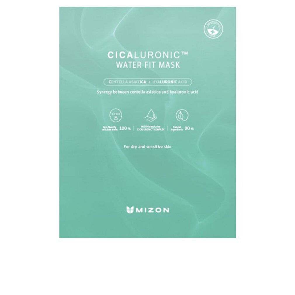 Türkisgrüne Maskenverpackung. Aufschrift: Cicaluronic Water Fit Mask. Marke: Mizon. Für trockene und sensible Haut.