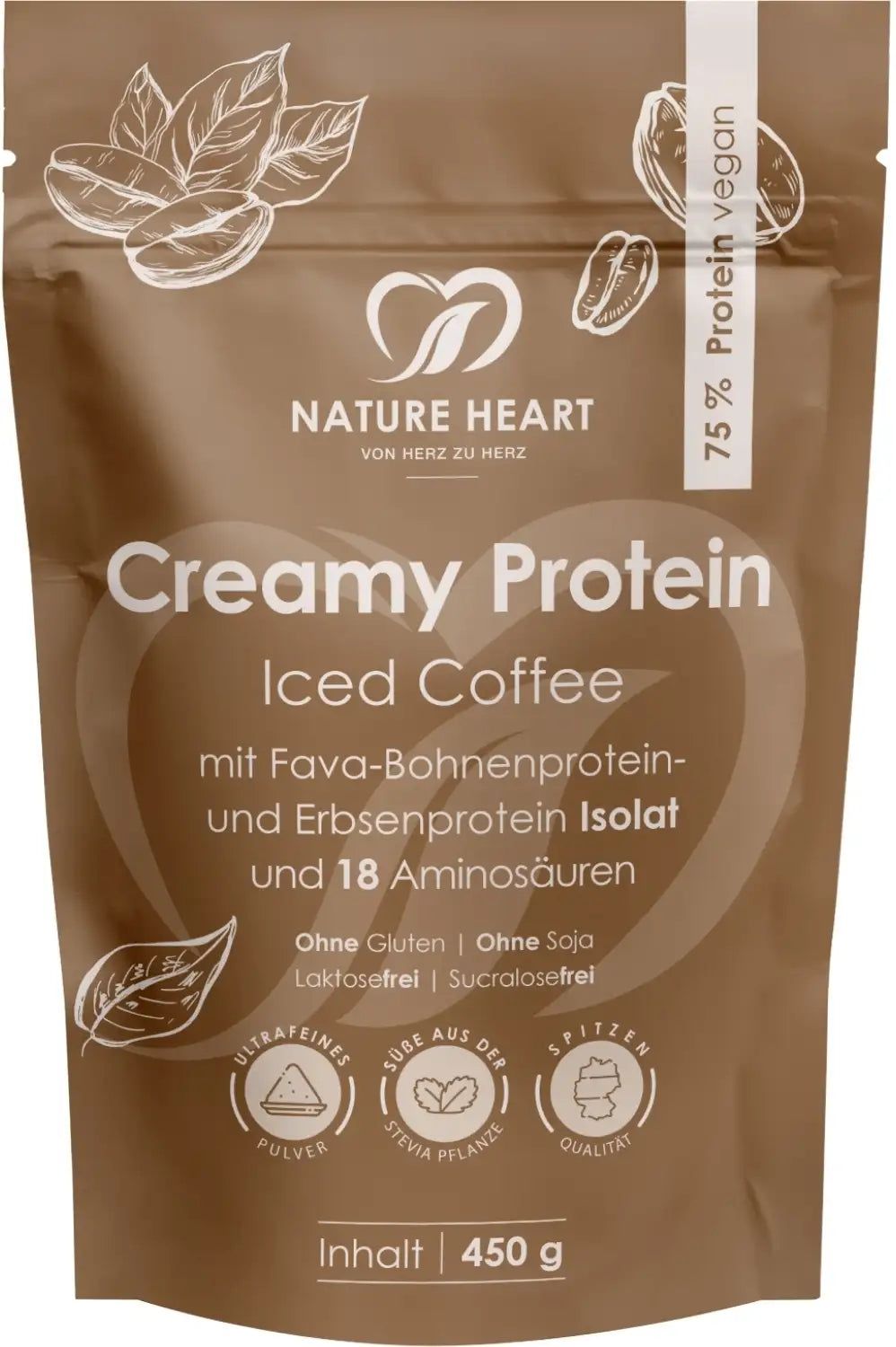 Braune Tüte mit Aufdruck. Text: Creamy Protein Iced Coffee, Nature Heart. Enthält 75% Protein, vegan. Inhalt: 450 g. Ohne Gluten, Soja, Laktose, Sucralose.