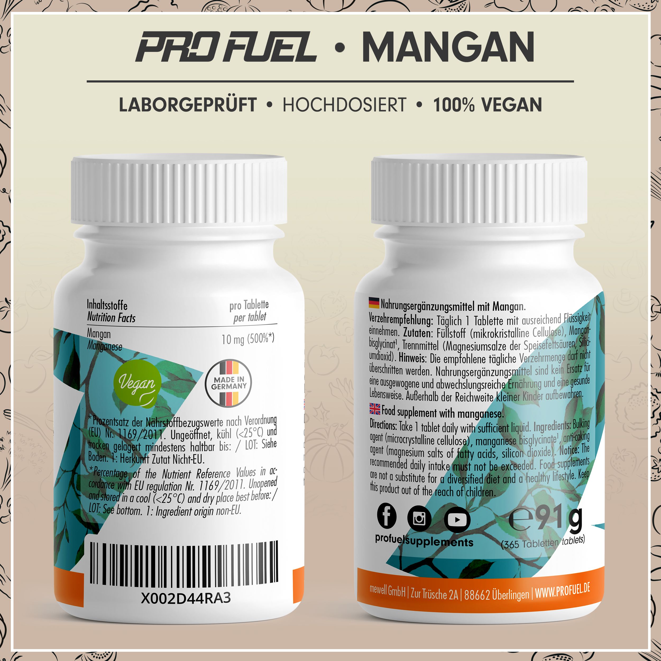 Zwei Ansichten einer Flasche Mangan-Tabletten. Text mit Inhaltsstoffen und Nährwertangaben. Made in Germany.