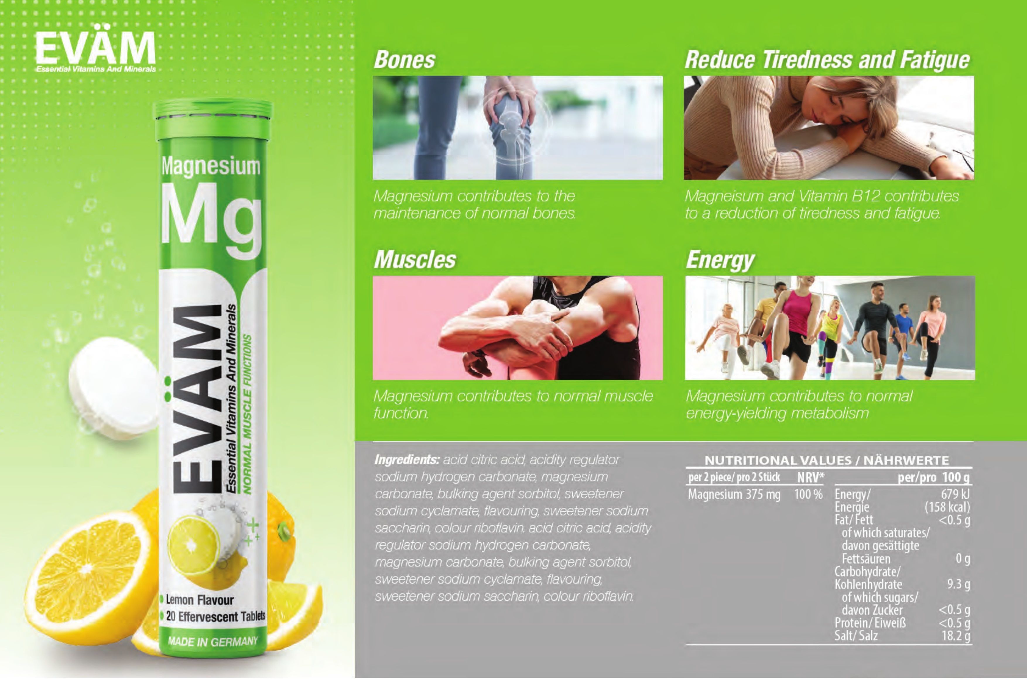 EVÄM Magnesium Brausetabletten-Tube mit Zitrone. Text: Magnesium, Essential Vitamins and Minerals, Lemon Flavour, 20 Brausetabletten. Diagramm mit Nährwerten.