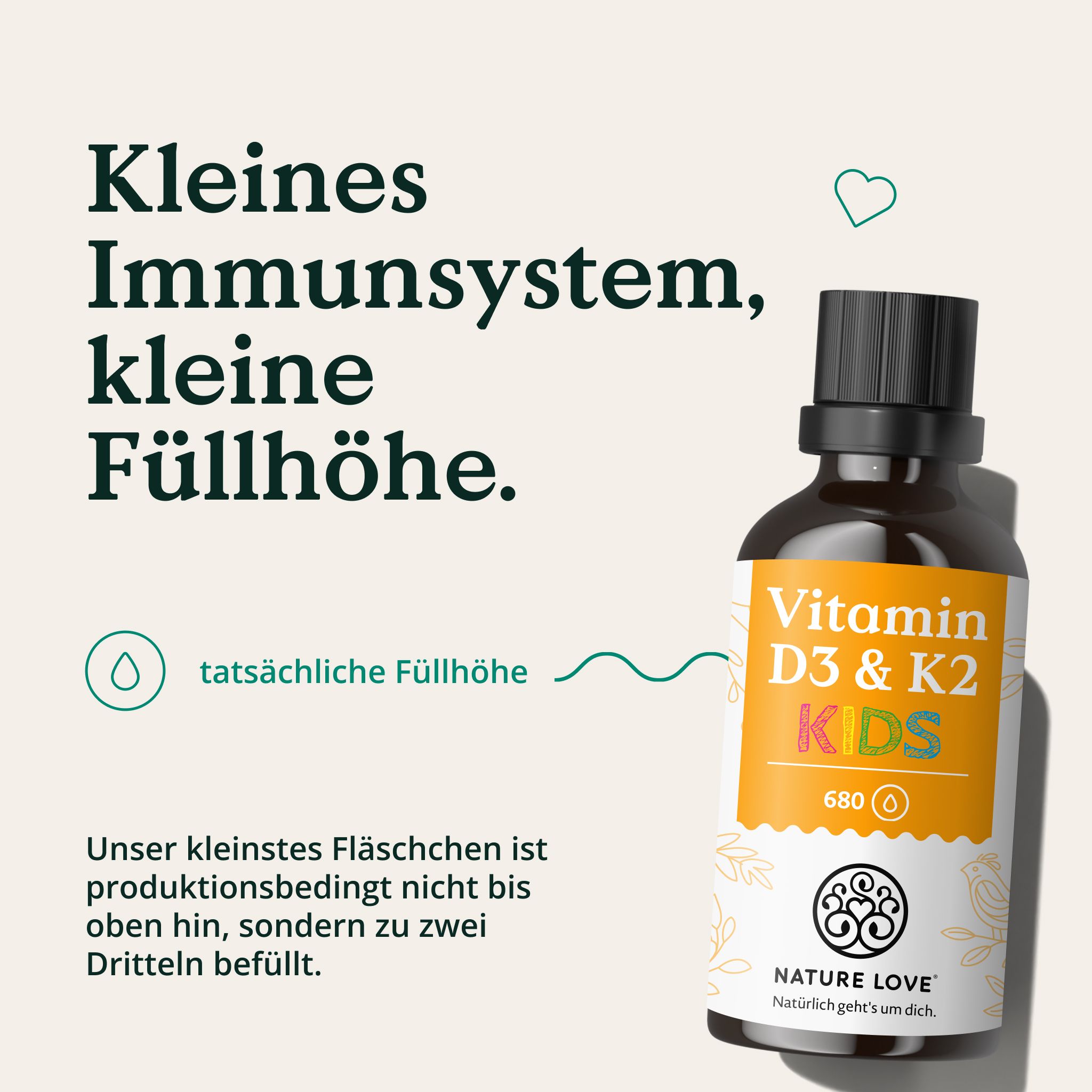 Braunes Glasfläschchen mit schwarzem Tropfverschluss. Etikett mit 'Vitamin D3 & K2 KIDS'.