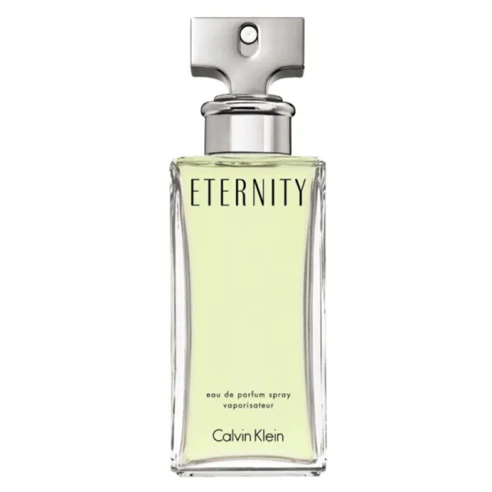 Eternity Eau de Parfum Spray von Calvin Klein. Flakon mit silberfarbenem Verschluss. Aufschrift: Eternity, Calvin Klein.