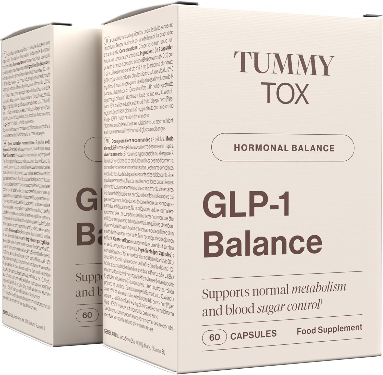 Zwei Kartons Tummy Tox GLP-1 Balance. Aufschrift: Hormonal Balance, GLP-1 Balance, 60 Kapseln. Unterstützt normalen Stoffwechsel und Blutzuckerkontrolle.