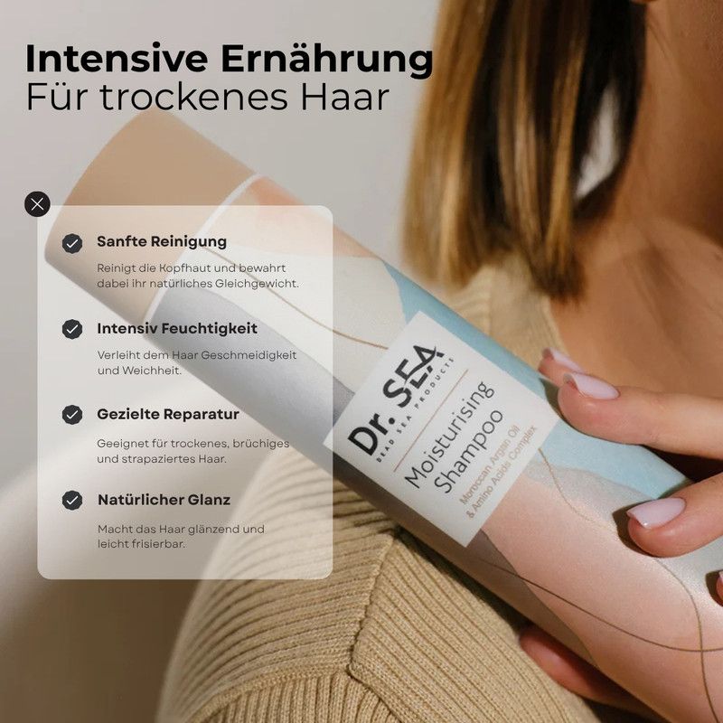 Person hält eine Shampoo-Flasche. Text: Sanfte Reinigung, intensiv Feuchtigkeit, gezielte Reparatur, natürlicher Glanz. Produktname sichtbar.