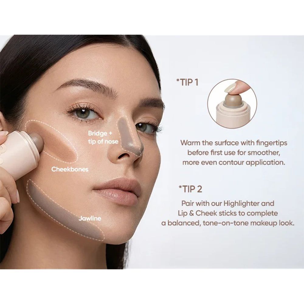 Modell mit BANILA CO Romantic Blush Contour 02 Stone Shade, Konturierungspunkte markiert.