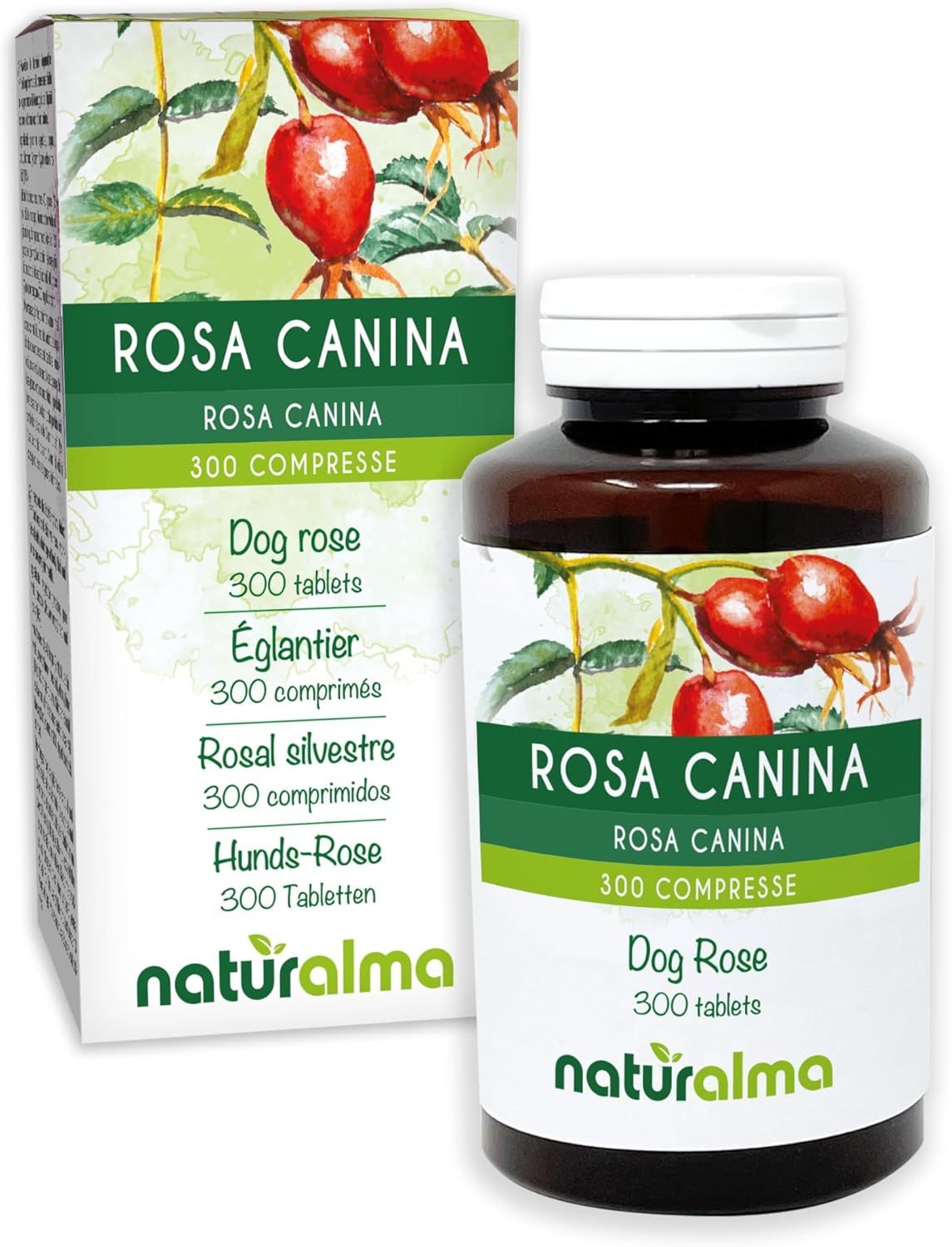 Produktverpackung von Naturalma Hunds-Rose Rosa canina Tabletten. Dose und Schachtel mit Produktinformationen.