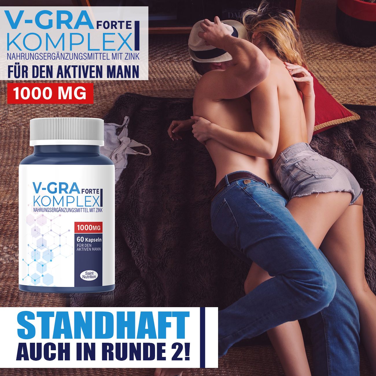 Paar in intimer Pose. Produktflasche im Vordergrund. Text: Standhaft auch in Runde 2!