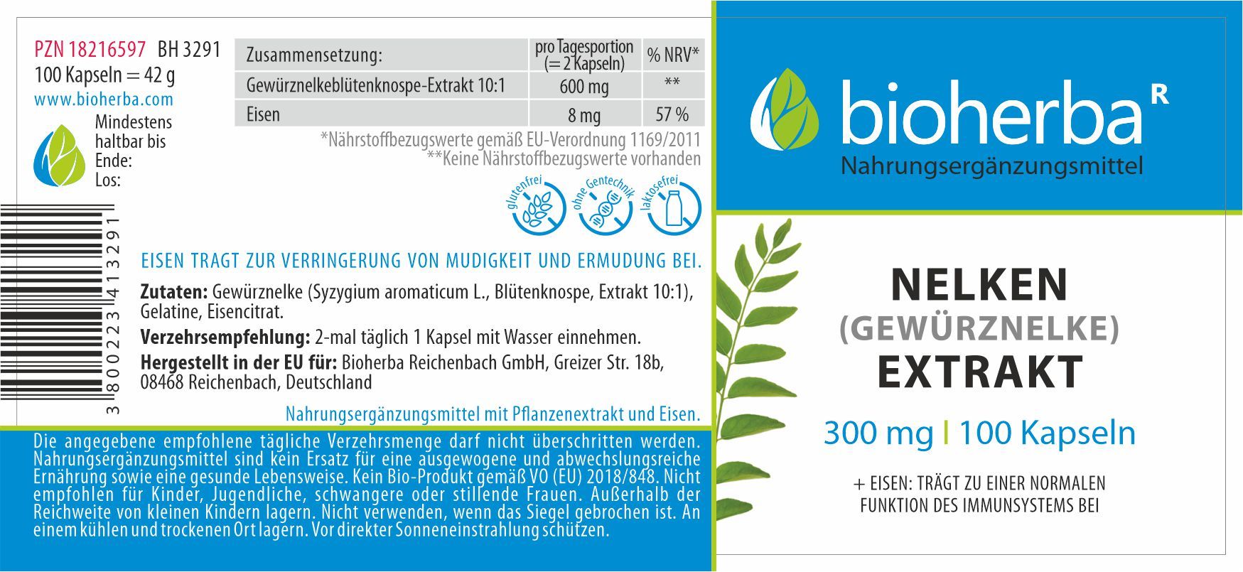 Etikett mit "bioherba" Logo und Produktbezeichnung "Nelken Extrakt". Enthält 100 Kapseln. Enthält auch Nährwertangaben und Inhaltsstoffe.