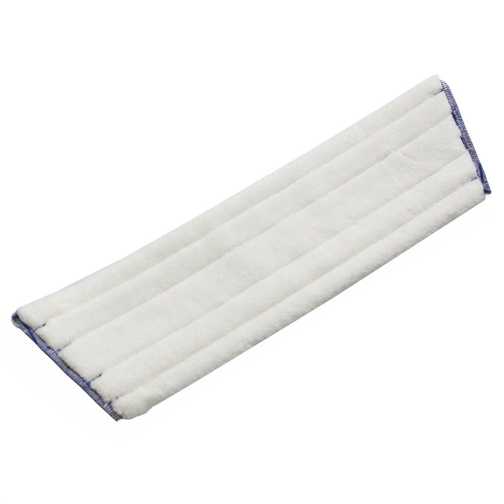 Weißes, rechteckiges Wischtuch mit blauen Rändern und parallelen Nähten. Mikrofaser-Material.