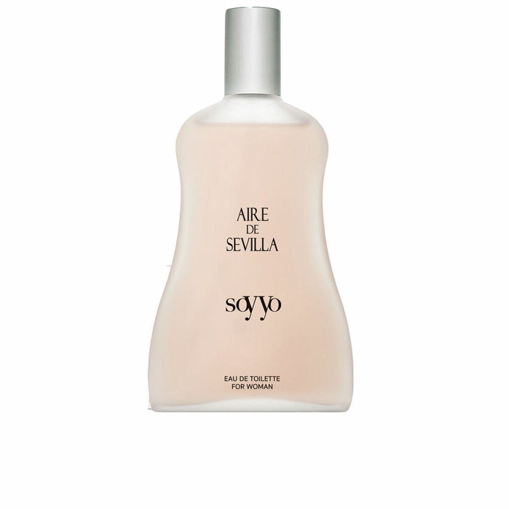 Parfümflakon mit silbernem Verschluss. Rosa Flüssigkeit. Aufschrift: Aire de Sevilla, Soyyo, Eau de Toilette for Woman.