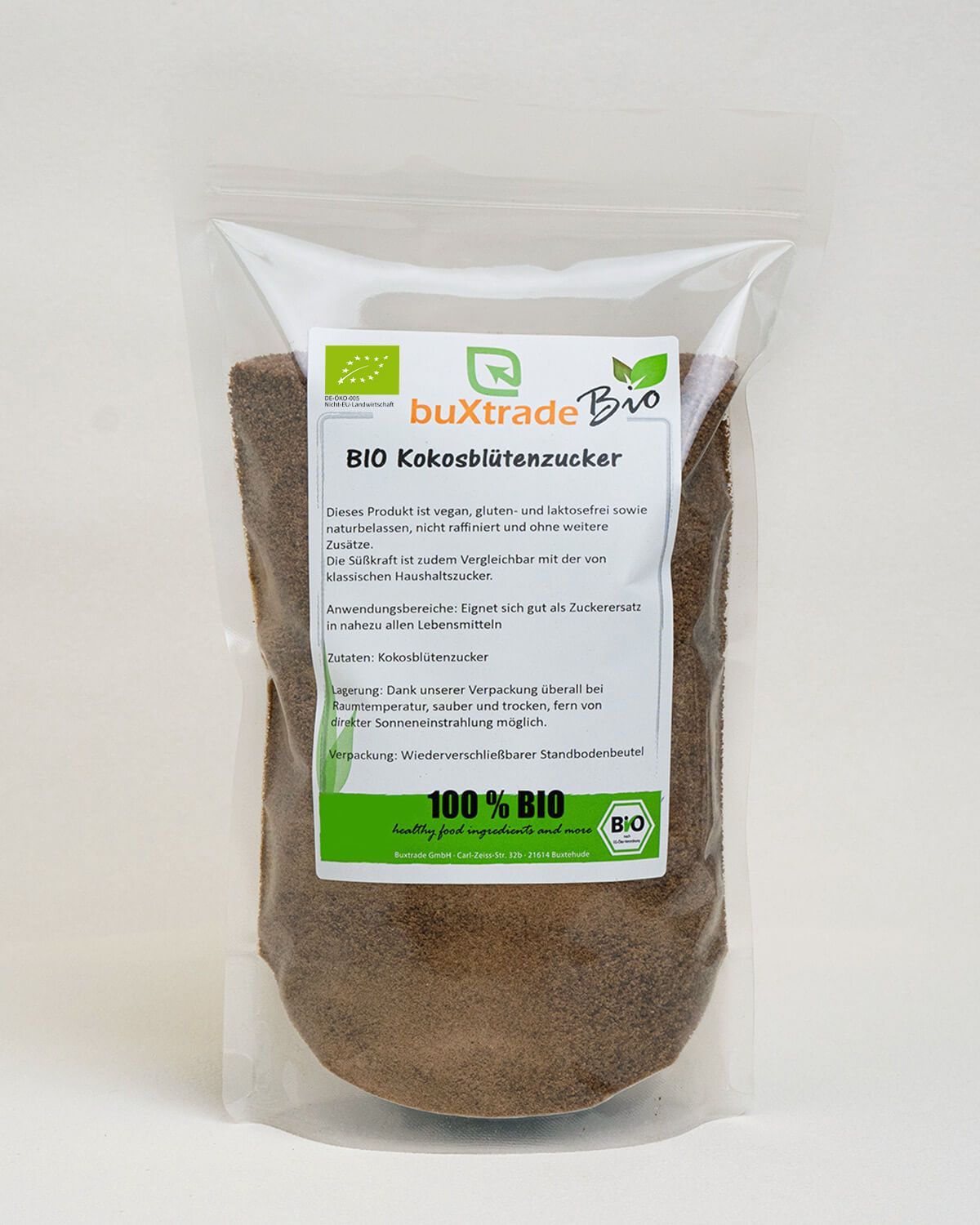 Bio Kokosblütenzucker in einem wiederverschließbaren Standbodenbeutel mit 100% BIO Siegel.