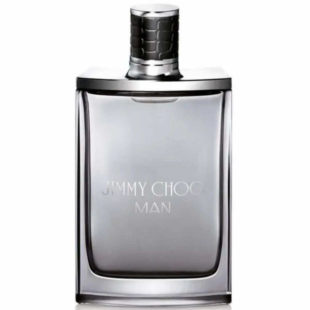 Quadratische Parfümflasche. Silberfarbenes Design, schwarzer Deckel. Aufschrift JIMMY CHOO MAN.