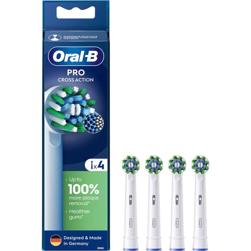 Zahnbürstenaufsätze, 4 Stück, in Verpackung. Marke Oral-B, Modell Cross Action. Blaue, grüne und weiße Borsten. "1x4" auf der Verpackung.