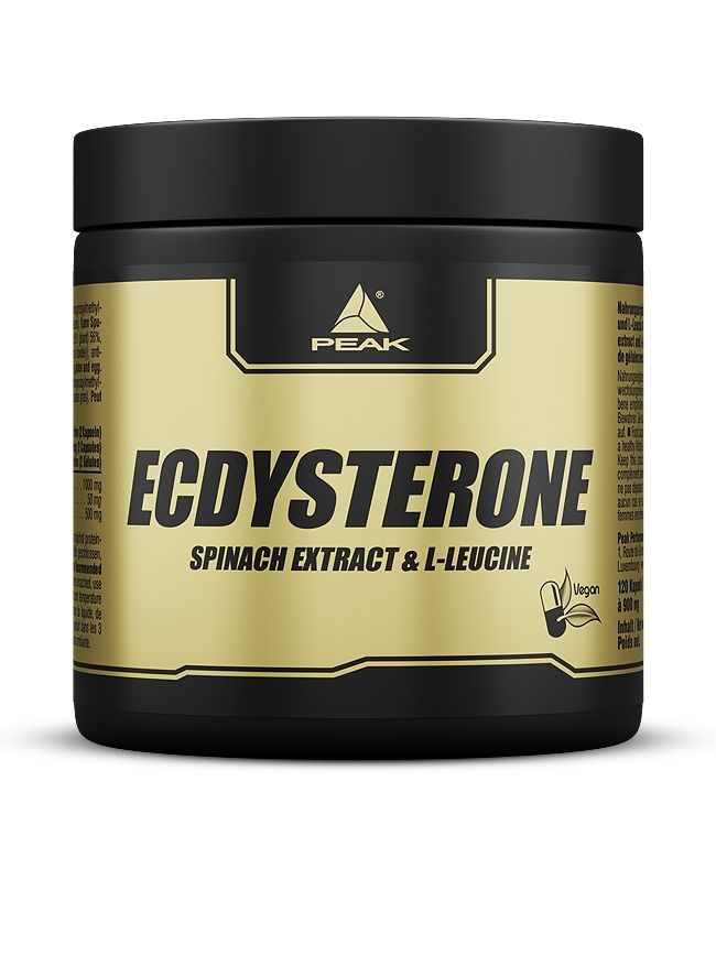 Schwarze Dose mit goldfarbenem Etikett. Aufschrift: Ecdysteron, Spinat-Extrakt & L-Leucin. Marke: PEAK. Vegan-Siegel.