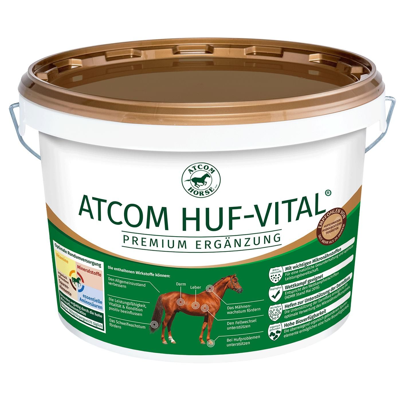 Eimer mit Aufschrift ATCOM HUF-VITAL. Brauner Deckel, weißer Behälter mit Produktinformationen und Abbildungen.