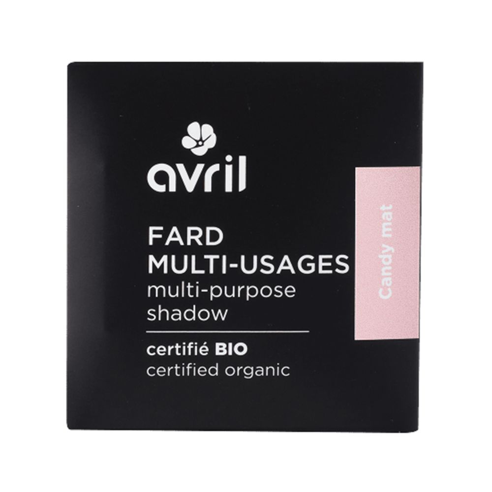 Schwarze Verpackung mit 'Avril' Logo und Text. 'Fard Multi-Usages' und 'certifié BIO' Schriftzug. Rosa Aufkleber 'Candy mat'.