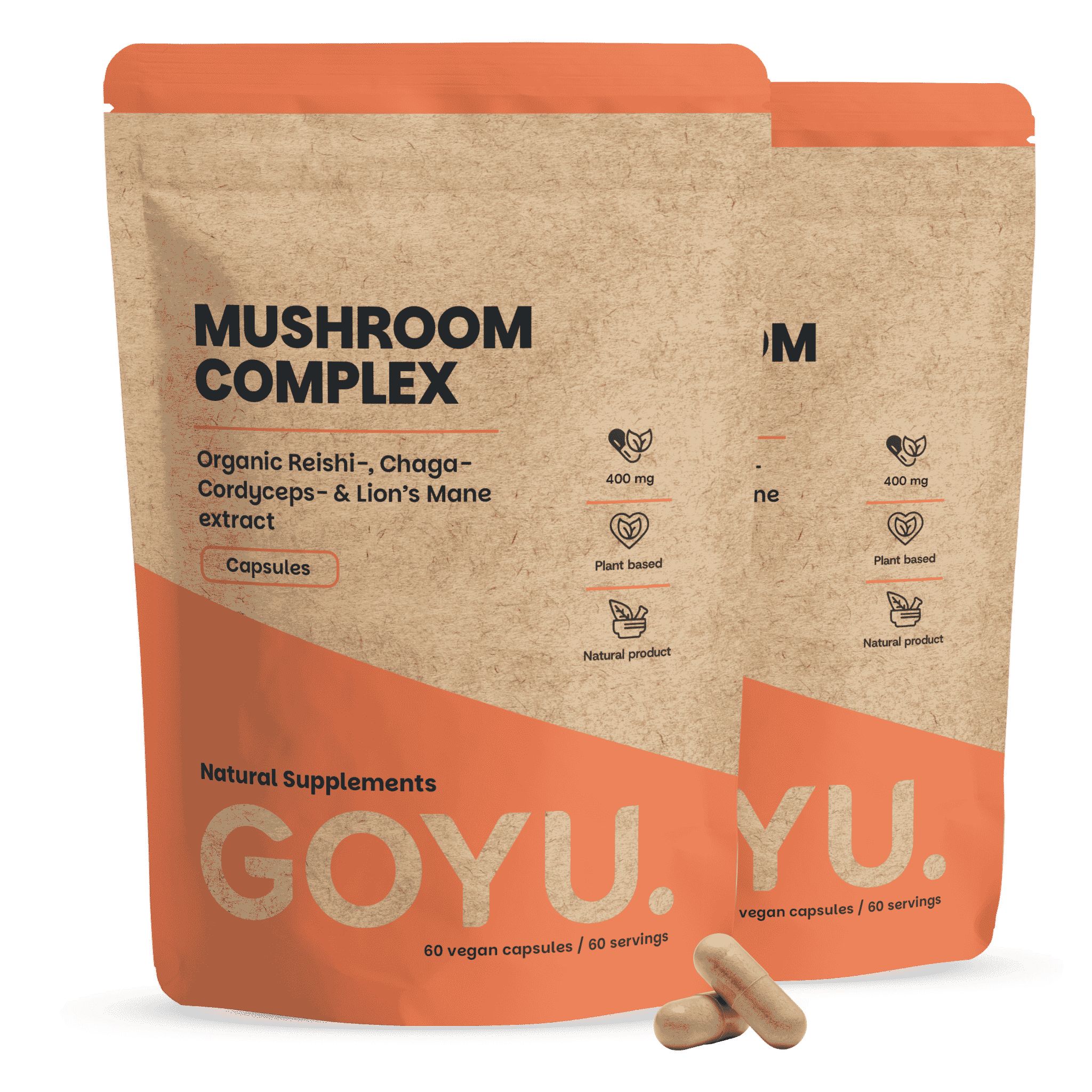 Zwei Packungen GOYU Mushroom Complex Kapseln. Braune Beutel mit orangefarbenen Akzenten. Enthält Bio Reishi-, Chaga- und Lion's Mane-Extrakte.