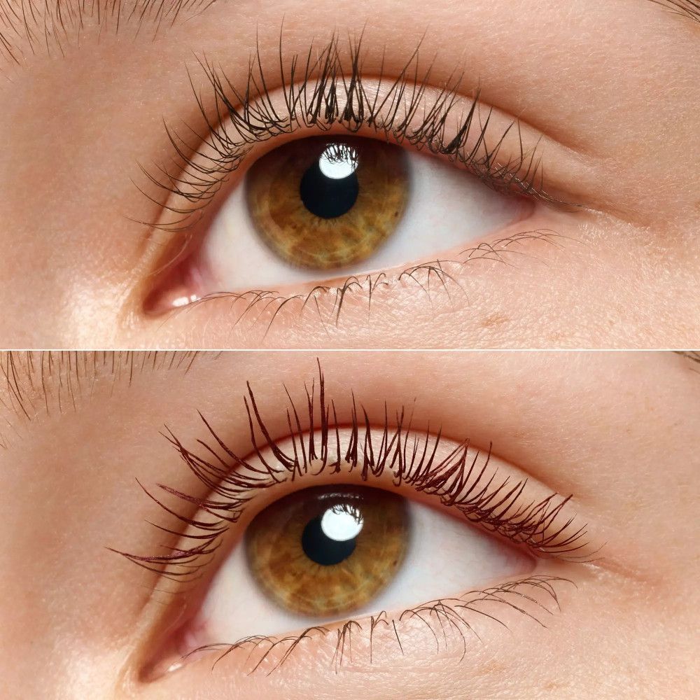 Augen mit und ohne Mascara. Oben: ohne. Unten: mit. Wimpern verlängert.