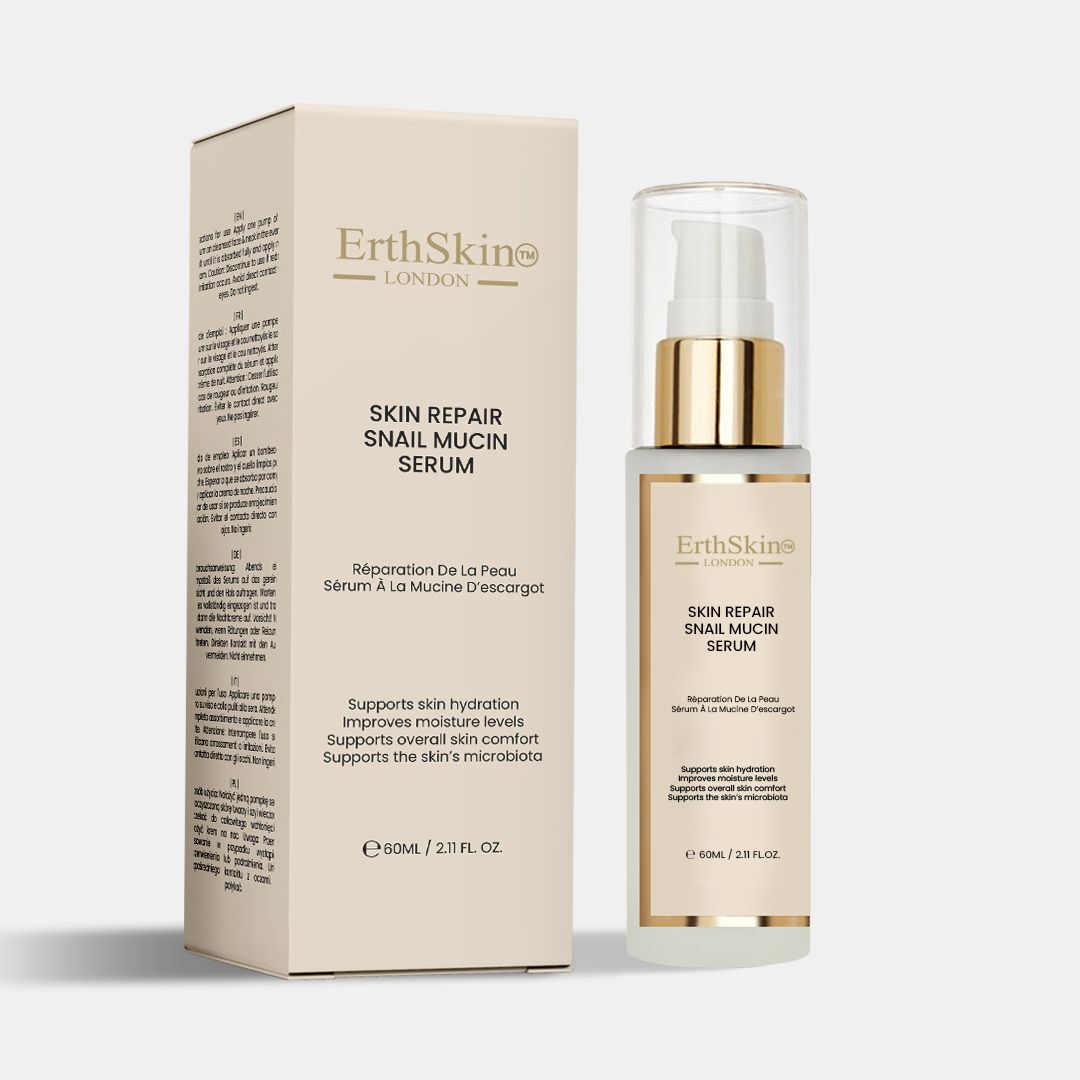 Flasche und Kartonverpackung für Hautreparatur-Schneckenschleim-Serum. Etiketten mit Produktinformationen.