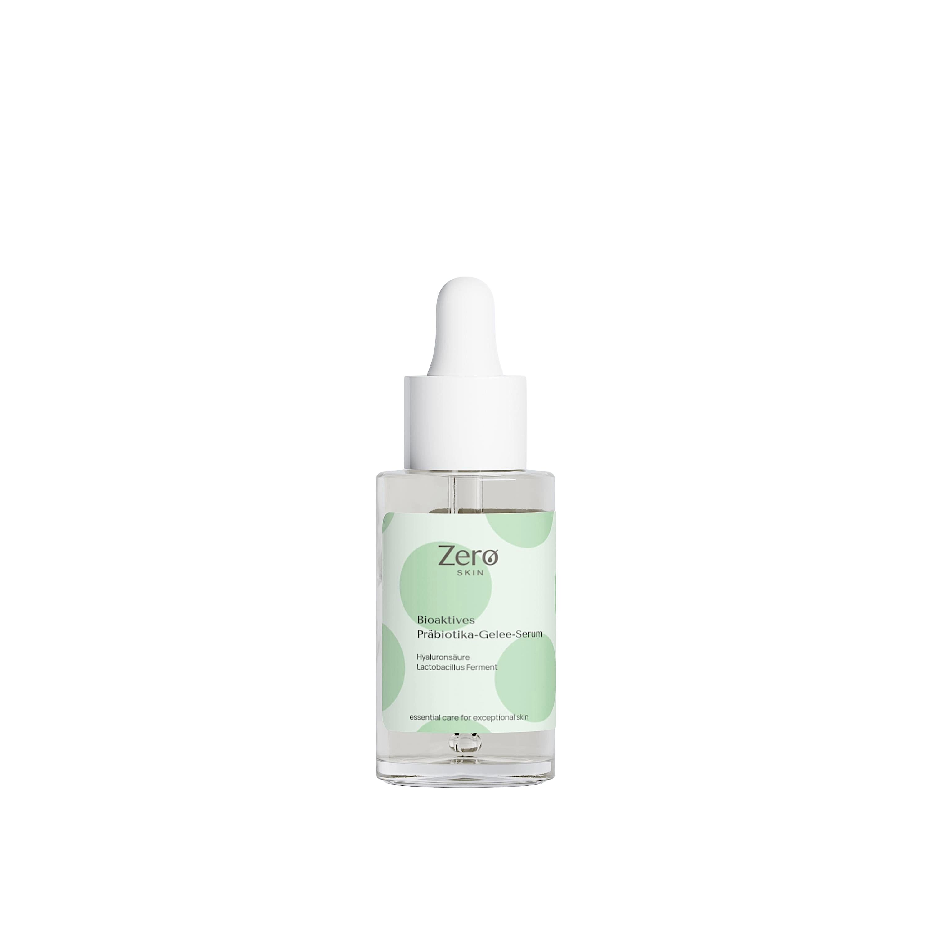 Zero Skin Bioaktives Präbiotika-Gelee-Serum in Glasflasche mit Pipette.