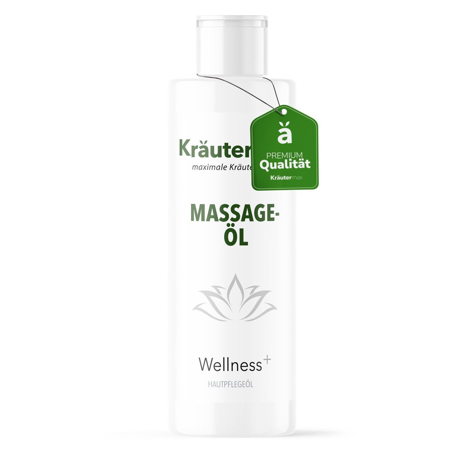 Weiße Flasche mit grünem Etikett. Aufschrift: Massage-Öl, Wellness+. Anhänger mit Premium Qualität. Kräutermax Logo.