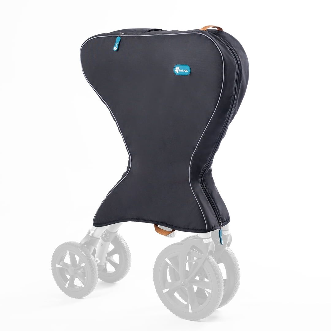 Schwarze Tasche mit weißer Kontur, über einem Rollator. Auf der Tasche ist ein blaues Logo zu sehen.