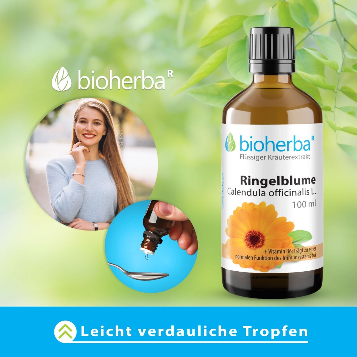 Braune Glasflasche mit schwarzem Deckel. Frau hält Löffel mit Tropfen. Etikett mit Ringelblume und Text. Leicht verdauliche Tropfen.